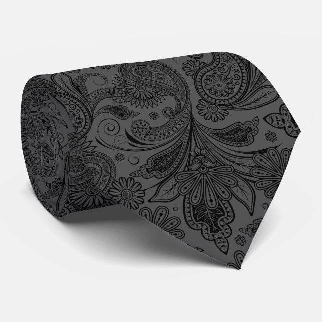 Black & Grey Monochromatic Vintage Ornate Paisley Tie (Rolled)