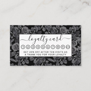 Black Grey Monochrome Watercolor Floral Leaves Loyalty Card
