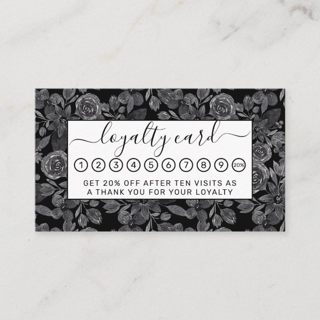 Black Grey Monochrome Watercolor Floral Leaves Loyalty Card (Front)