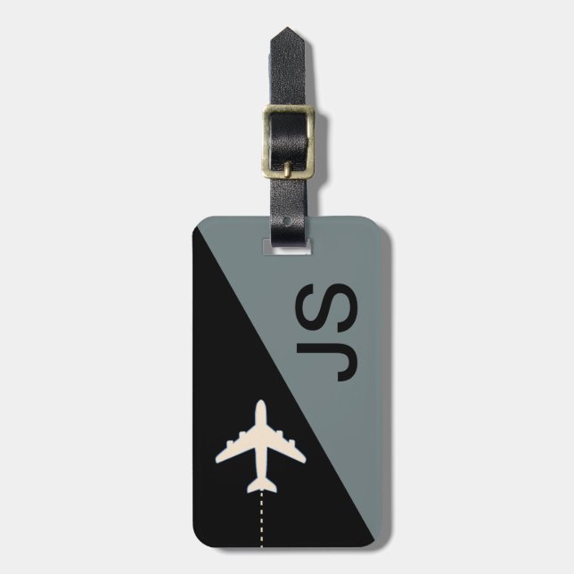black grey monogram aeroplane travel distinguish luggage tag (Front Vertical)