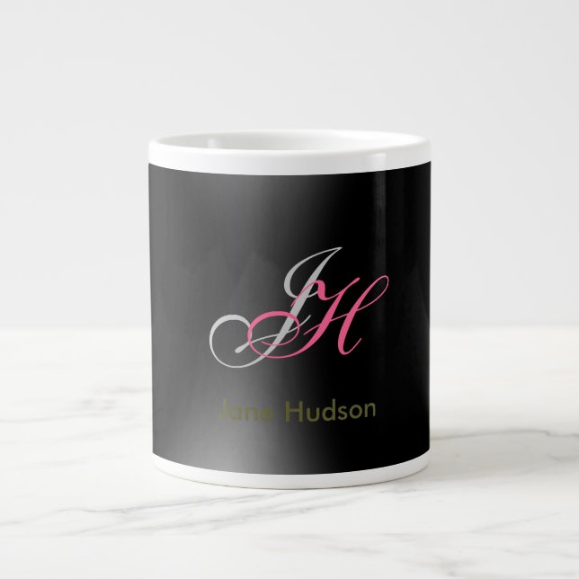 Black Grey Monogram Initials Simple Plain Large Coffee Mug (Front)