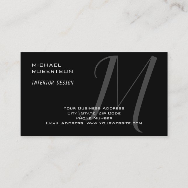 Black Grey Monogram Interior Designer Modern Plain Business Card (Front)
