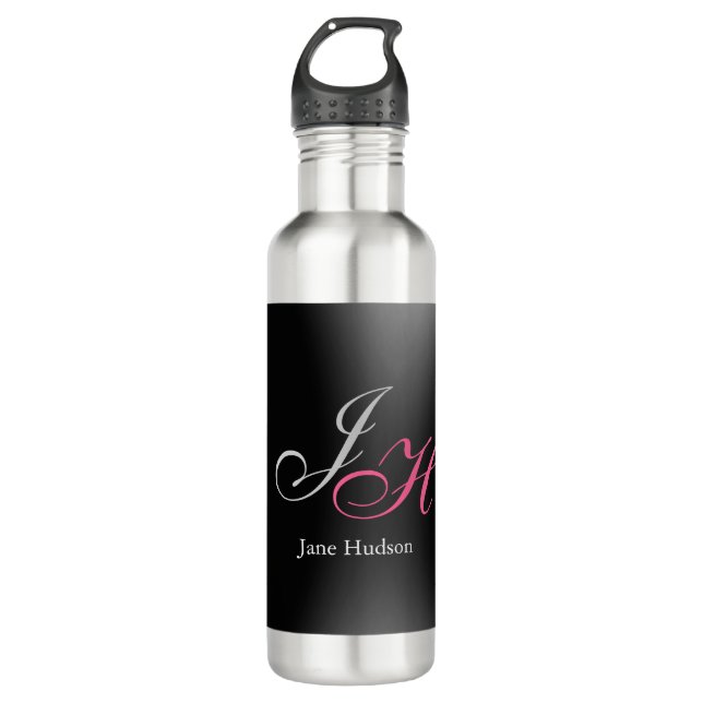 Black Grey Monogram Name Initial Letters Script 710 Ml Water Bottle (Front)