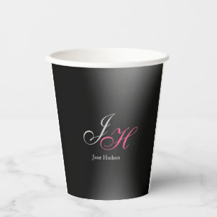 Black Grey Monogram Name Initial Letters Script Paper Cups
