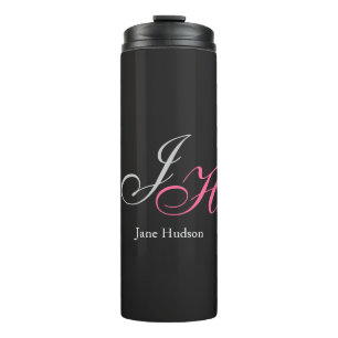 Black Grey Monogram Name Initial Letters Script Thermal Tumbler