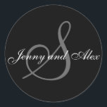 Black Grey Monogram S Bride Groom Names Wedding Classic Round Sticker<br><div class="desc">Elegant wedding sticker with monogram initial of last name and bride and groom names which you can customise with your personal information and wedding colour scheme. A great sticker for wedding favour stickers, cake box labels, wedding treat bag seals, and wedding invitation envelope seals. Design by Elke Clarke ©2008. Use...</div>