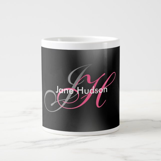 Black Grey Monogram Simple Plain Special Gift Large Coffee Mug (Front)