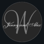 Black Grey Monogram W Bride Groom Names Wedding Classic Round Sticker<br><div class="desc">Elegant wedding sticker with monogram initial of last name and bride and groom names which you can customise with your personal information and wedding colour scheme. A great sticker for wedding favour stickers, cake box labels, wedding treat bag seals, and wedding invitation envelope seals. Design by Elke Clarke ©2008. Use...</div>