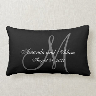 Black Grey Monogram Wedding Lumbar Cushion
