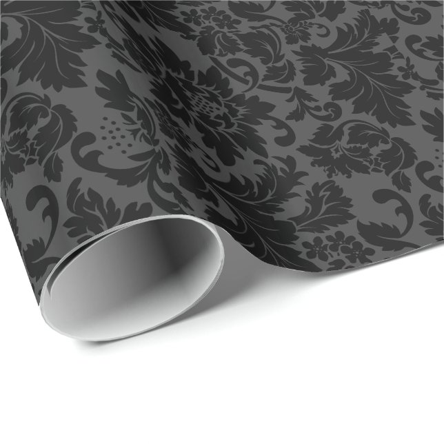 Black & Grey Monotones Floral Damasks Pattern Wrapping Paper (Roll Corner)