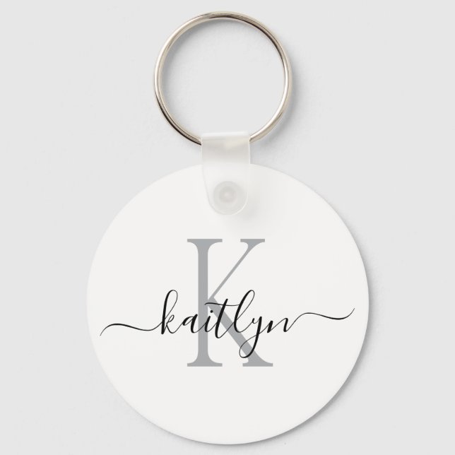 Black Grey Name Initial Monogram Key Ring (Front)