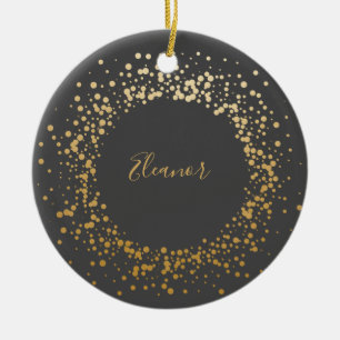 Black Grey Ombre Gold Confetti Dots Personalised   Ceramic Tree Decoration