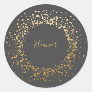 Black Grey Ombre Gold Confetti Dots Personalised  Classic Round Sticker
