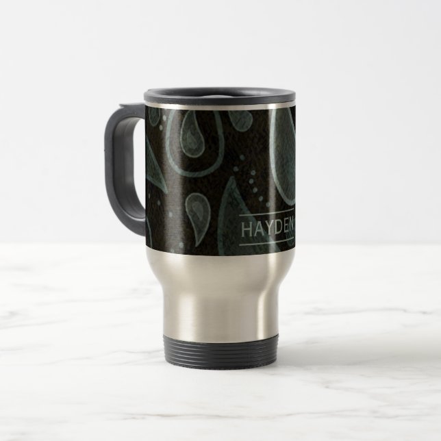 Black Grey Paisley Pattern Elegant Personalised Travel Mug (Front Left)
