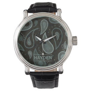 Black Grey Paisley Pattern Elegant Personalised Watch