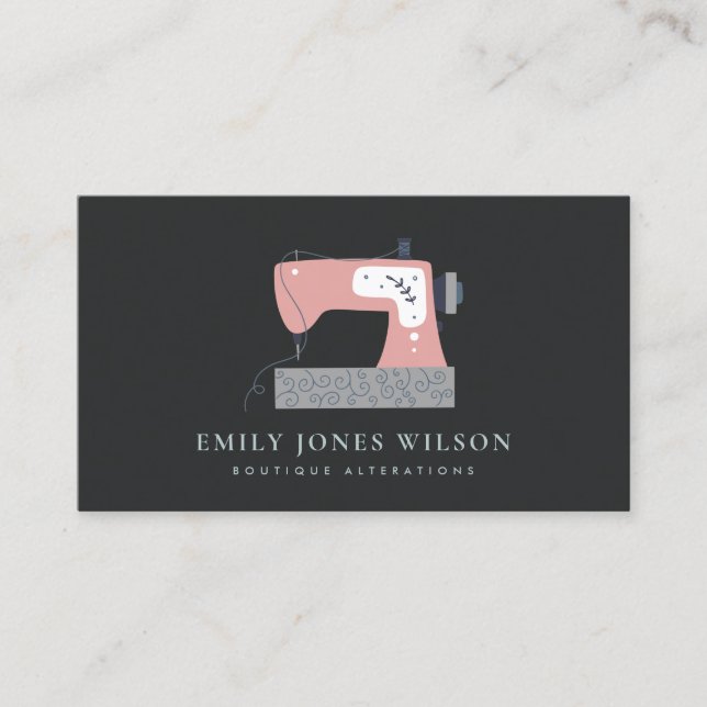 BLACK GREY PEACH BLUSH PINK SEWING MACHINE TAILOR BUSINESS CARD (Front)