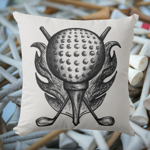 Black Grey Pen and Ink GOLF Ball Tee Clubs Sports Cushion