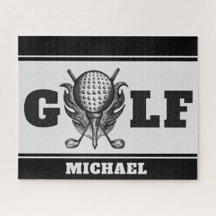 Black Grey Personalised GOLF Ball Tee Clubs Sports Jigsaw Puzzle