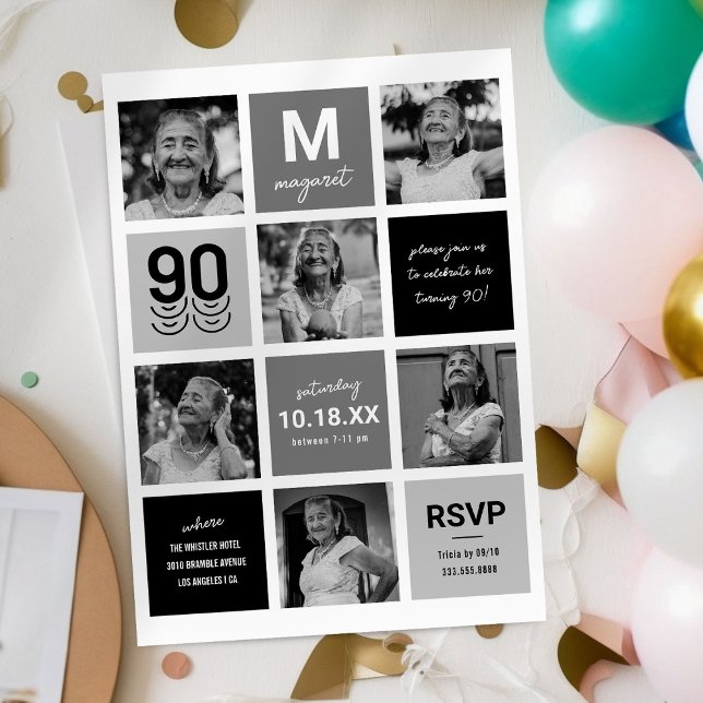Black Grey Photo 90th Birthday Invitation (Creator Uploaded)