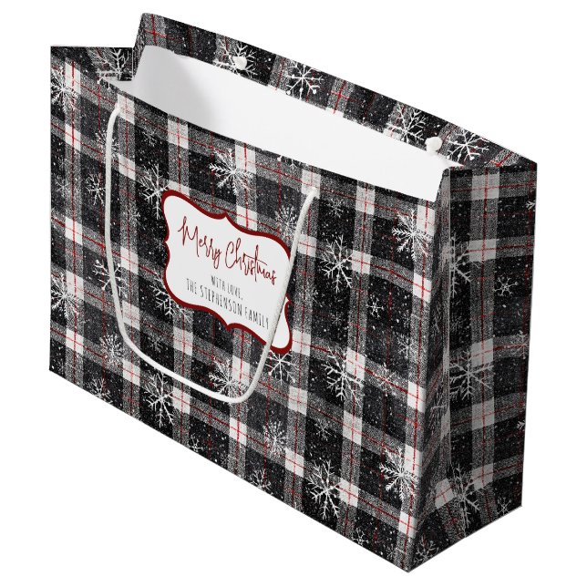 Black Grey Plaid Snowflakes Personalised Large Gift Bag (Front Angled)
