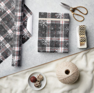 Black Grey Plaid Snowflakes Wrapping Paper