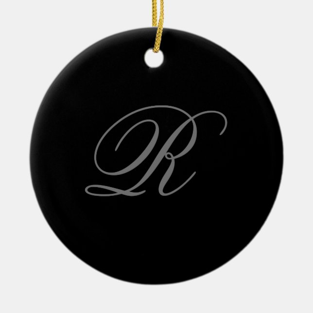 Black Grey Plain Minimalist Add Initial Monogram Ceramic Tree Decoration (Front)