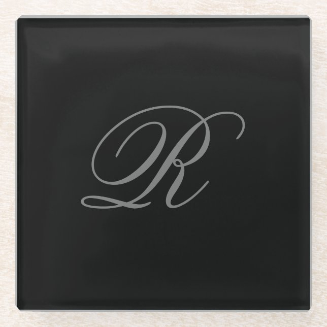 Black Grey Plain Minimalist Add Initial Monogram Glass Coaster (Front)