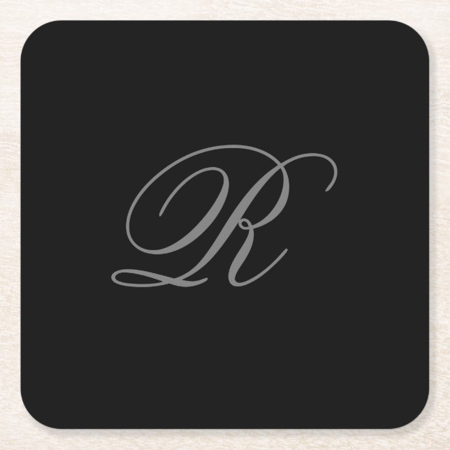 Black Grey Plain Minimalist Add Initial Monogram Square Paper Coaster (Front)