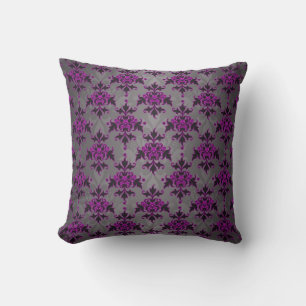 Black Grey Purple Victorian Damask Pattern Cushion