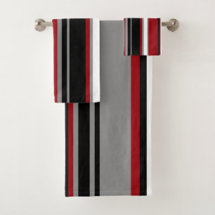 Black, Grey Red and White Stripes  Bath Towel Set