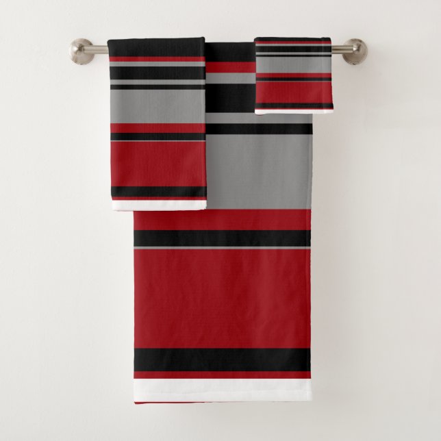 Black, Grey Red and White Stripes Bath Towel Set (Insitu)