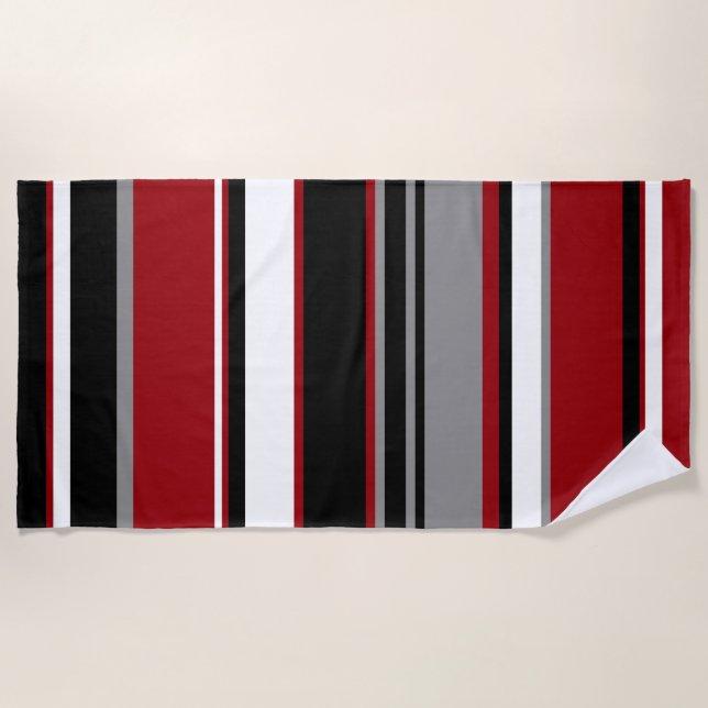 Black, Grey Red and White Stripes  Beach Towel (Front)