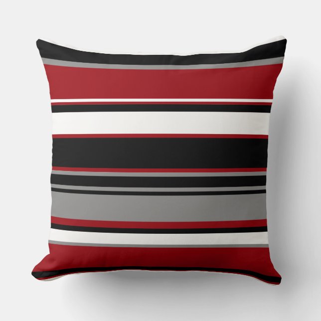 Black, Grey Red and White Stripes   Cushion (Front)