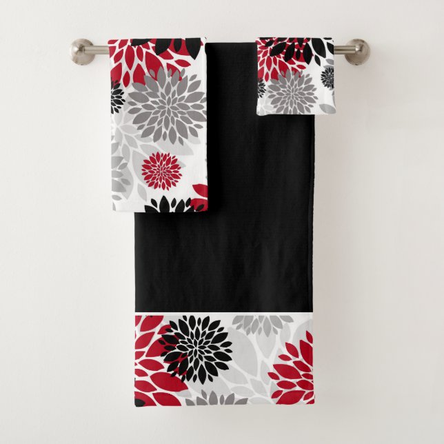 Black Grey Red Flower Pattern Bath Towel Set (Insitu)