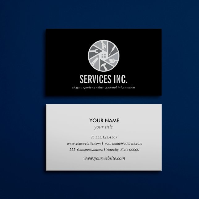 Black Grey Repairing services logo professional Business Card (Creator Uploaded)