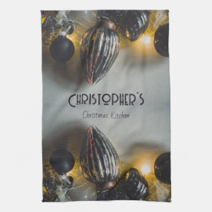 Black Grey Retro Christmas Ornaments Tea Towel