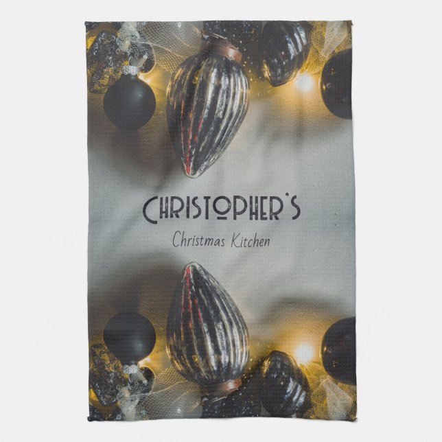 Black Grey Retro Christmas Ornaments Tea Towel (Vertical)