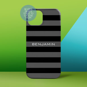 Black Grey Rugby Stripes with Custom Name iPhone 15 Case