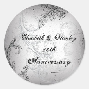 Black grey scroll 25th silver wedding anniversary classic round sticker