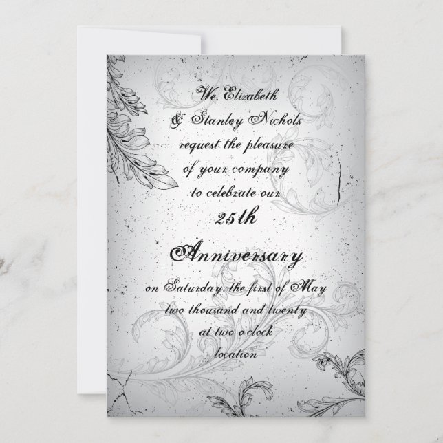 Black grey scroll 25th silver wedding anniversary invitation (Front)