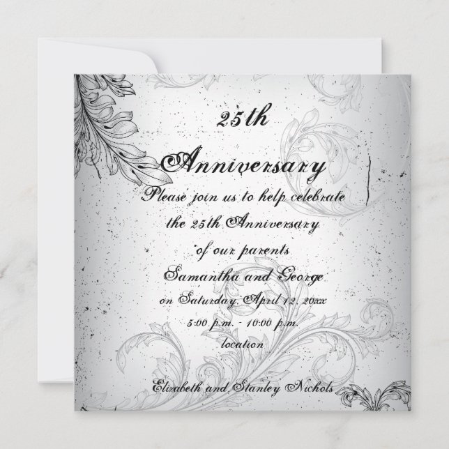 Black grey scroll leaf silver wedding anniversary invitation (Front)