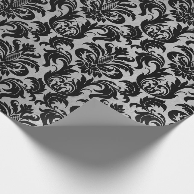 Black Grey Silver Crystal Metallic Damask Wrapping Paper (Corner)