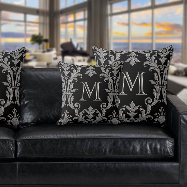 Black & Grey Silver Damask Floral Swirls Monogram Cushion (Creator Uploaded)