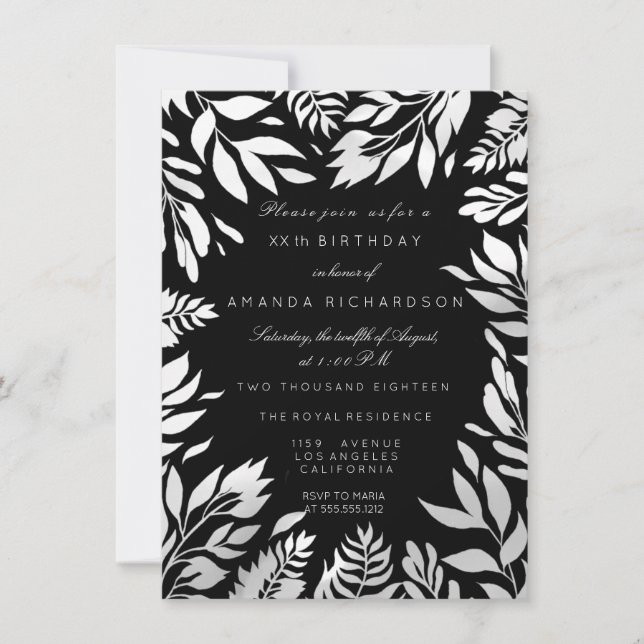 Black Grey Silver Glitter Leafs Floral Frame Lux Invitation (Front)