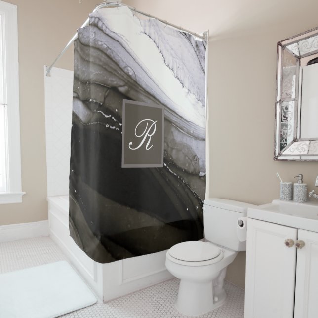 Black Grey Silver Marble Pretty Charcoal Monogram Shower Curtain (In Situ)