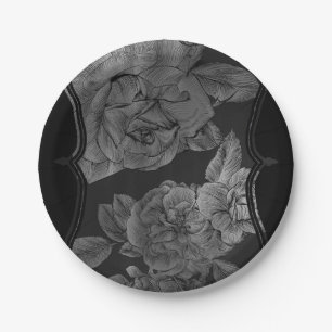 Black Grey Silver Vintage Elegant Glam Floral Paper Plate