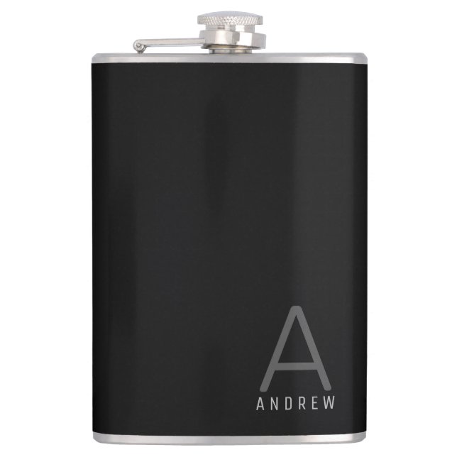 Black Grey Simple Modern Monogram Personalised Hip Flask (Front)