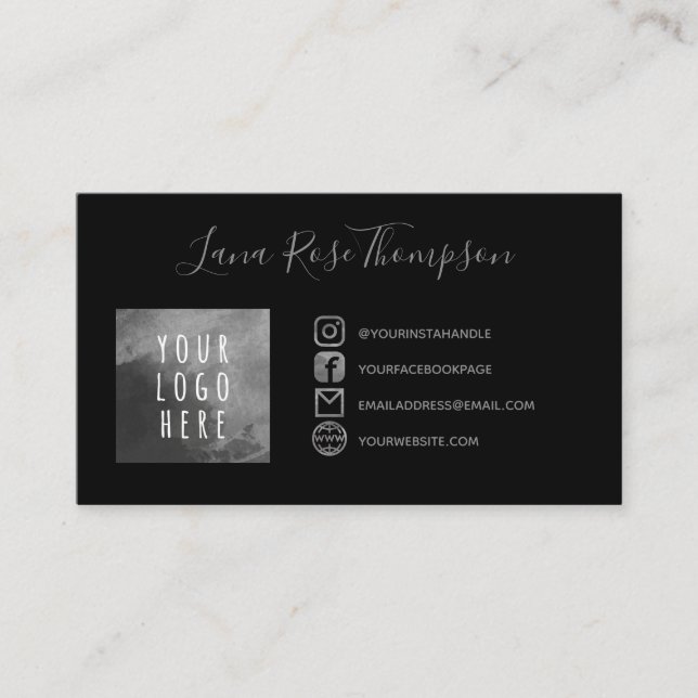 Black Grey Social Media Icons Photo & Logo Business Card (Front)