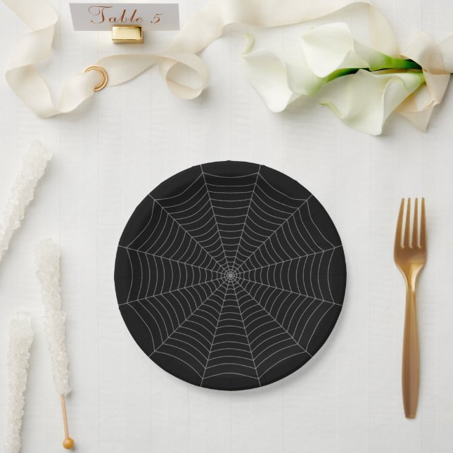 Black grey spider web Halloween pattern Paper Plate (Wedding)