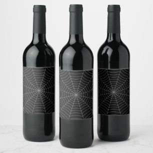 Black grey spider web Halloween pattern Wine Label